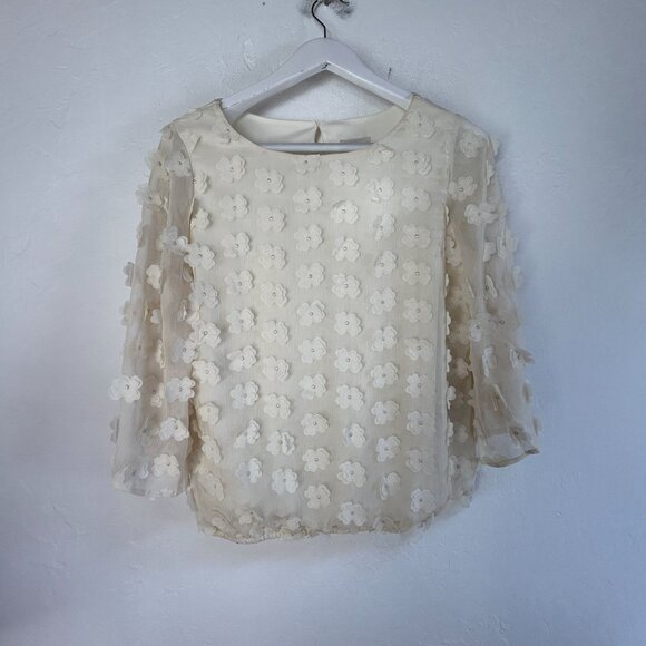 Eci New York Womens Cream Floral 3D Embellished Blouse Top Medium 3/4 Sleeve - Picture 1 of 7
